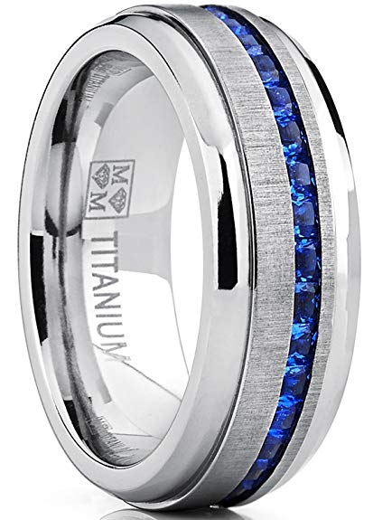 Metal Masters Co.......... Men's Eternity Titanium Wedding Band Engagement Ring W/Blue Simulated Sapphire Cubic Zirconia Princess CZ