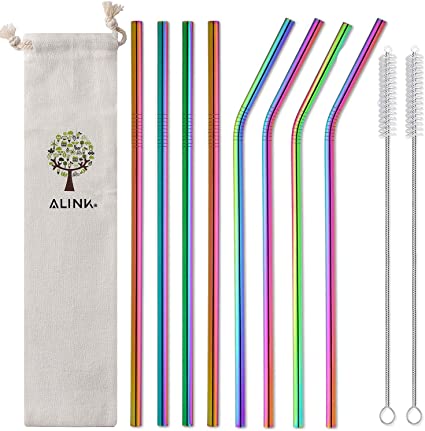 ALINK 10.5" Long Reusable Rainbow Metal Drinking Straws with Silicone Covers, 8-Pack Stainless Steel Straws for 30oz / 20oz Yeti/Rtic Tumblers with Cleaning Brush and Carrying Case