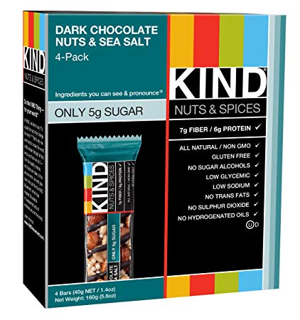 KIND Bars, Dark Chocolate Nuts & Sea Salt, Gluten Free, Low Sugar, 1.4oz, 4 Count