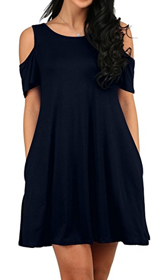 NEINEIWU Women's Summer Cold Shoulder Tunic Top Swing Loose Dress With Pockets Casual Swing T-Shirt Dresses