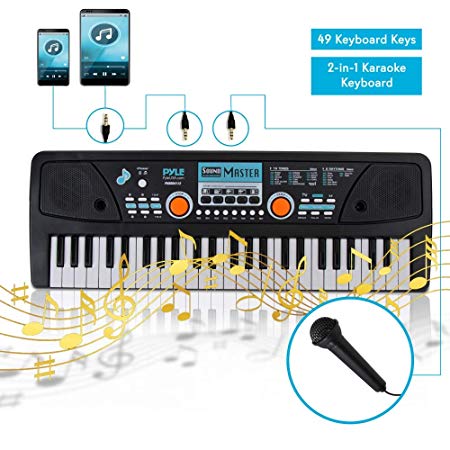 Digital Electronic Musical Keyboard - Kids Learning Keyboard 49 Keys Portable Electric Piano w/ Drum Pad, Recording, Rechargeable Battery, Microphone - Pyle PKBRD4112