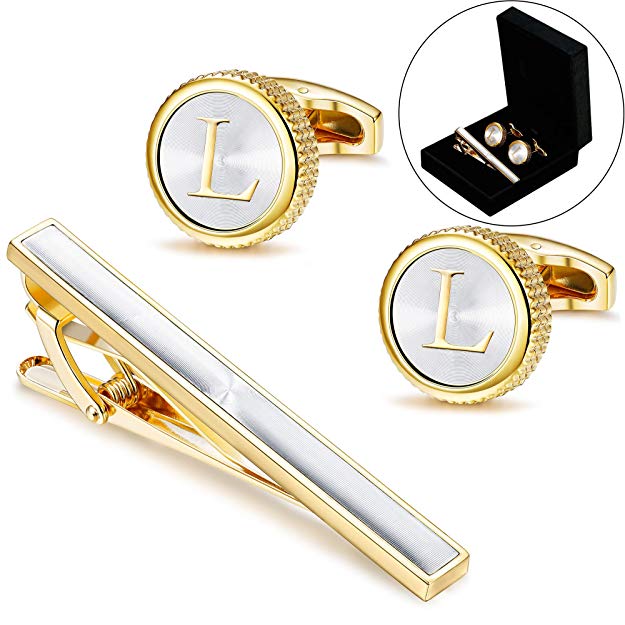 LOLIAS Mens Cufflinks Tie Bar Clip Set Alphabet Letter Cufflinks Formal Business Wedding Shirts A-Z Gift Box