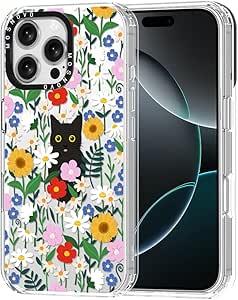 MOSNOVO Case for iPhone 16 Pro Max, [Buffertech 6.6ft Military-Grade Drop Protection] [Anti Peel Off Tech] Clear TPU Bumper Phone Case Cover Design - Black Cat in Garden