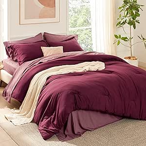 Bedsure Burgundy Queen Comforter Set - 7 Pieces Contrasting Design Queen Bed in a Bag, Queen Bed Set Burgundy and Grey with Comforters, Sheets, Pillowcases & Shams