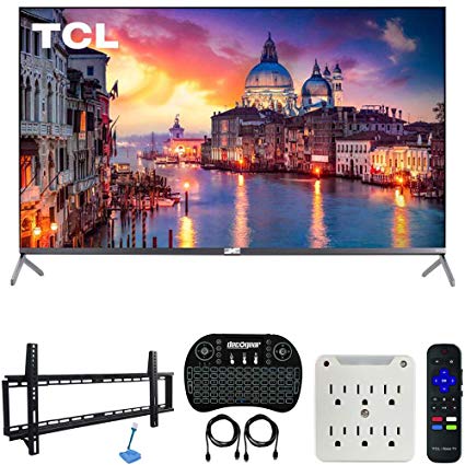 TCL 65R625 65-inch 6-Series 4K UHD HDR Roku Smart TV (2019 Model) Bundle with 37-70-inch Low Profile Wall Mount Kit, Deco Gear Wireless Keyboard and 6-Outlet Surge Adapter with Night Light