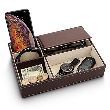 Baoyun Mens Valet Tray Organizer - Leather Nightstand Dresser Top Box with 5 Compartment for Accessories, Wallet, Phone, Keys Black (Brown)