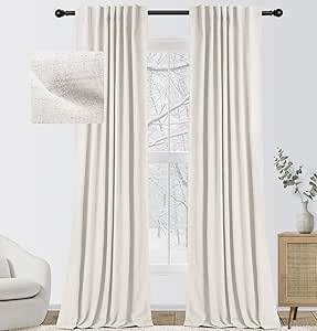 INOVADAY Linen Blackout Curtains for Bedroom, 100% Blackout Curtains for Living Room 2 Panels Set, Back Tab/Rod Pocket Curtains & Drapes, Room Darkening Curtains 52''W x 92''L, Beige White