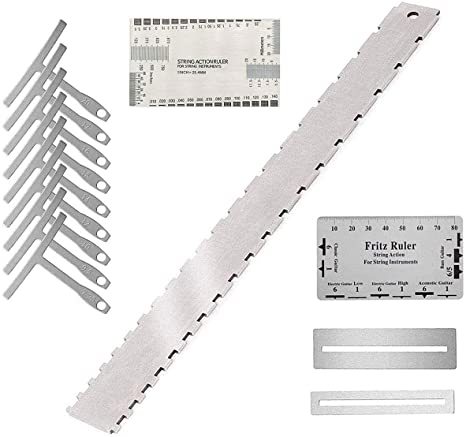 Guitar Neck Notched Straight Edge with 9 Understring Radius Gauge, String Action Gauge Ruler and Fritz Ruler, 2 Fingerboard Fret Protector Guards for Gibson 24.75" and Fender 25.5" Electric Guitars