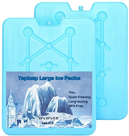 Tapleap Large Ice Packs for Coolers - Long Lasting Freezer Packs - 25 Minute Quick Freeze, Slim and Reusable Ice Substitute 13 x 10 x 0.5 inch Set of 2