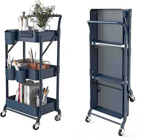 DTK 3 Tier Foldable Metal Rolling Cart, Metal Trays Utility Cart with Handle and Wheels, 3 Hanging Cups and 6 Hooks Storage Organizer Cart, Collapsible Kitchen Cart for Bathroom Office Kitchen（Blue）