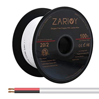 Zarivy 100 Feet 20 Gauge 2 Conductors Red Black Wire with Fire Resistant CL2 White Jacket, 20AWG OFC Hookup Electrical Wire LED Strips Extension Cord Cable for LED Ribbon Lamp Tape Lighting