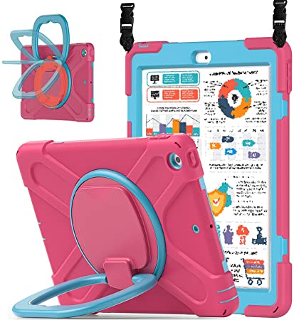 ZenRich iPad 9th/8th/7th Generation Case, iPad 10.2 Case2021/ 2020/2019 with Pencil Holder Kickstand Handle Grip and Shoulder Strap zenrich Heavy Duty Shockproof Case for iPad 10.2 inch,Rose-Blue