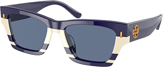 Tory Burch Women's TY7169U Universal Fit Rectangular Sunglasses, Navy Ivory Vintage Strip, 52mm