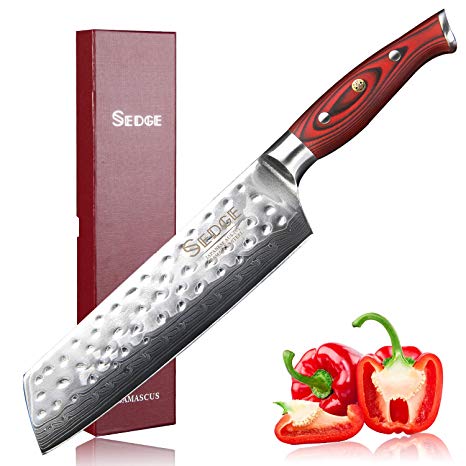 SEDGE Kiritsuke Chef Knife - Japanese AUS-10V Damascus Steel - Hammered Finish - Vegetable Cleaver Kitchen Knife - Full Tang - G10 Handle with Gift Box - - SD-H Series - 7"