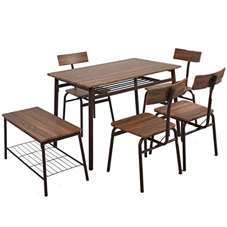 Dporticus 6-Piece Kitchen & Dining Room Sets -1 Table, 4 Chairs & 1 Bench Rustic Industrial Style - Brown