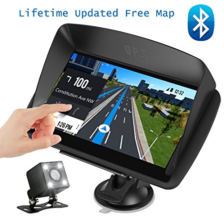 Car GPS Navigation, 7” Touch Screen   Rear View Camera, DONGKER Voice Prompt GPS Navigation for Car with Lifetime Maps and Traffic, Bluetooth, Multi-Media and FM