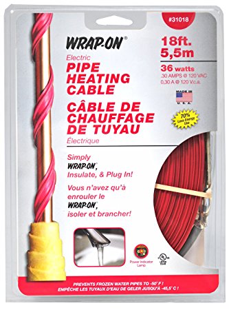 WRAP-ON Pipe Heating Cable - 18-Feet, 120 Volt, Built-in Thermostat, Low Wattage - 31018