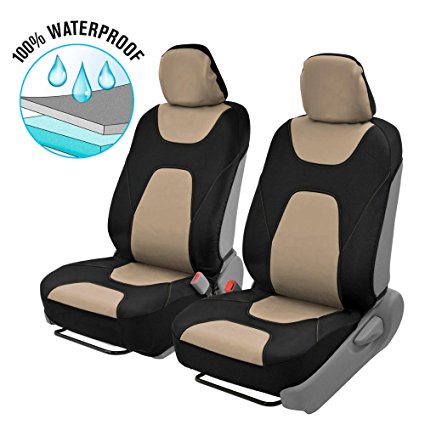 Motor Trend 3 Layer Waterproof Car Seat Covers - Modern Sideless Quick Install Auto Protection (Black & Beige)