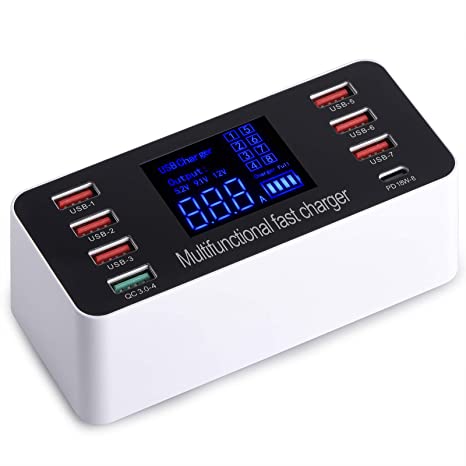 USB Wall Charger, Multiple 8-Port 60W Desktop Charging Station Hub with Quick Charge 3.0 USB Port, PD Fast Charger and LCD Display, Compatible with iOS & Android Devices for iPhone, iPad,