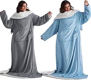 Bedsure Wearable Blanket with Sleeves and Pocket - Warm Throw Blanket with Arms TV Wrap Blanket Robe Sky Blue & Grey