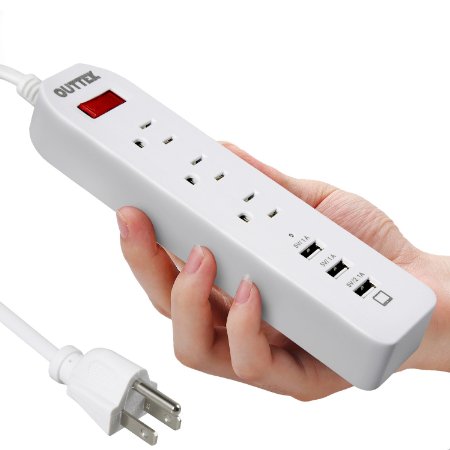 2016 New Version Mini Travel Power Strip Outtek 1250W 3AC Outlet 3 USB Charging Ports 6 ft Power Cord Surge Protected Socket for Smartphones and Tablets White