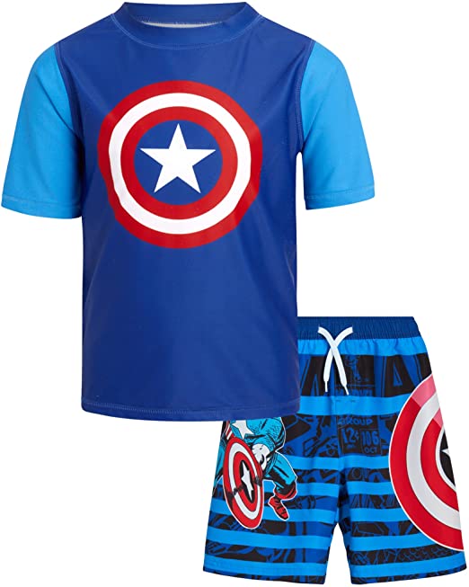 Marvel Boys' Avengers Rash Guard Set - Captain America, Iron Man Swim Shirt and Trunks (2T-7)