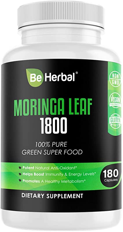 BE HERBAL Moringa Capsules 1800mg – Highest Potency Pure Leaf Powder - Complete Green Superfood Supplement - Energy, Metabolism, and Immune Booster – 180 Vegan Capsules
