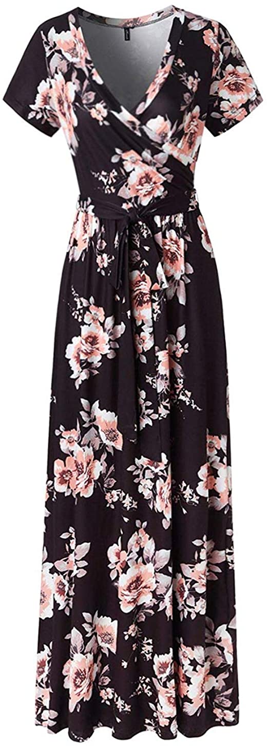 Lrady Women's Casual Floral Print Wrap Waist Bow Belt A-line Long Maxi Dress
