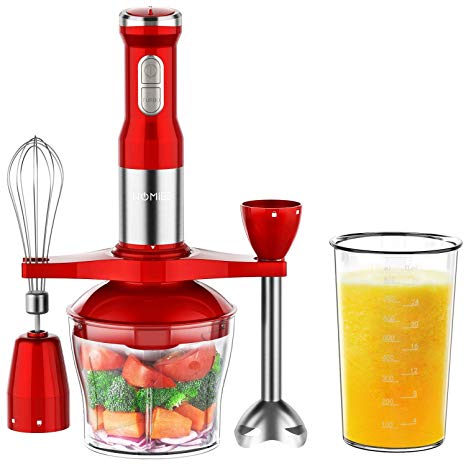 HOMIEE Hand Blender, 5-in-1 Electric Hand Blender Stick with 15-Speed Control & Turbo for Baby Food & Kitchen Use, Including Stainless Chopper, Egg Whisk, 800ML BPA-Free Beaker & Storage Bracket, Red