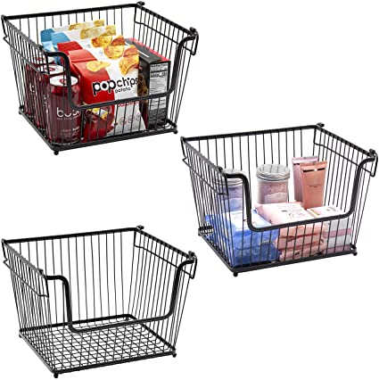 Sorbus Wire Metal Basket Bin, Stackable Storage Baskets, Cubby Bins for Food, Kitchen, Home, Pantry Snack, Vegetable, Potato, Onion, Laundry Room, Office, Farmhouse, Iron Metal (3-Pack, Black)