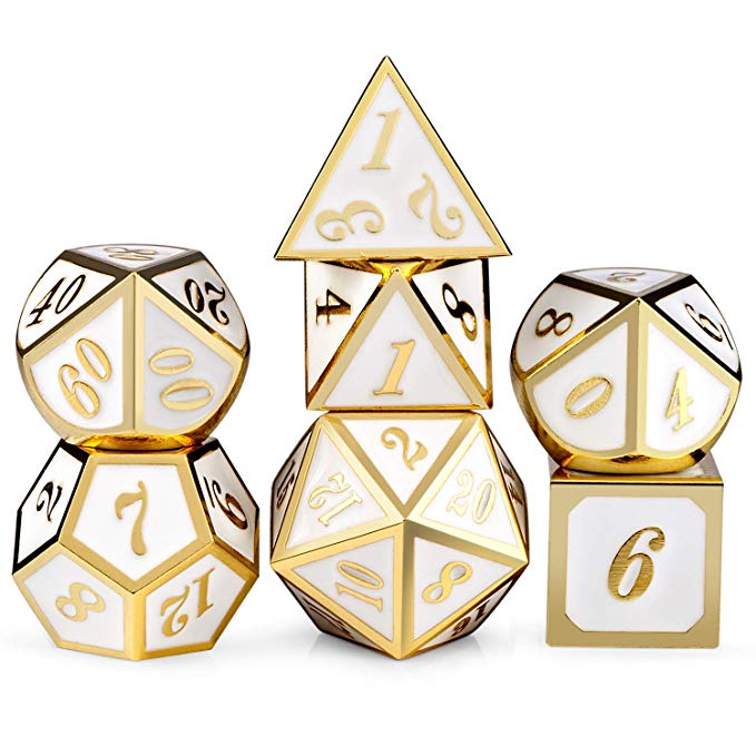 White with Gold Number DND Dice Sets,Soild Metal Die with Free Silver Metal Tin for Dungeons and Dragons D&D Role Playing Game Tabletop Games