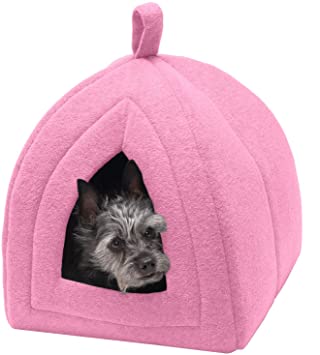 Furhaven Pet Cat Bed - Triangle Hooded Tent House Cave Fleece Dome Lounger Hood Pet Bed for Cats & Small Dogs, Cotton Candy Pink, One-Size
