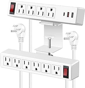 VILONG Desk Clamp Power Strip with USB, 2 in 1 Dual Layer Desktop Edge Power Strip, Removable Clamp Power Socket with 10AC Outlets & Switch, 6ft Extension Cord（White）