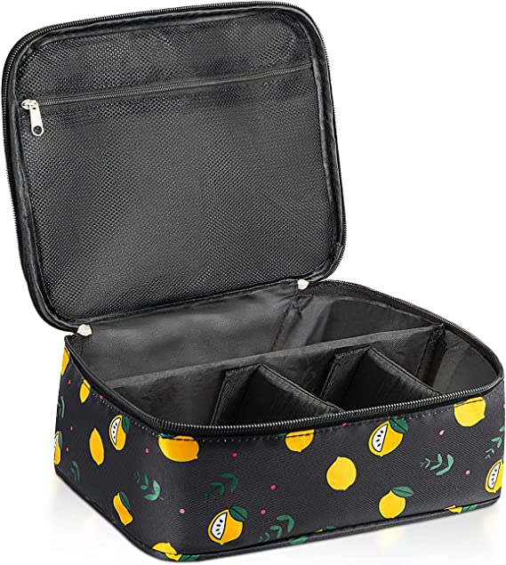 Frjjthchy Fresh Lemon Pattern Cosmetic Bag Multi-layer Portable Toiletry Organizer Travel Case (Black)