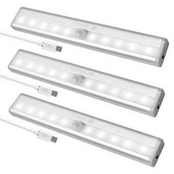 USB Rechargeable Closet Lights Motion Sensor 10 LED Portable Wireless Light Bar Cabinet Kitchen Wardrobe Night Light with Magnetic Strip Stick-on Anywhere ( Pack of 3)