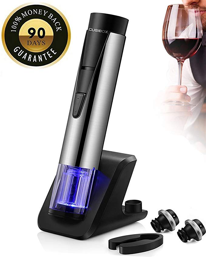 Electric Wine Bottle Opener Cordless Rechargeable 2-in-1 Vacuum Pump and Bottle Opener with Foil Cutter, Wine Preserver and Recharging Base