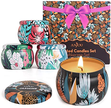 Anjou Scented Candles Gift Set 4pcs, Christmas Candle Pack Natural Soy Wax for Stress Relief, Birthday, Bath, Travel, Reusable Tin Fragrance Gift 4 Fragrances - Jasmine, Lavender, Vanilla, Rose