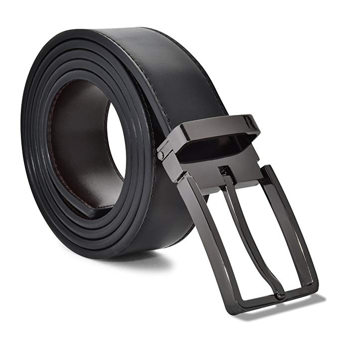 Men’s 100% Leather Belt, Reversible Black-Brown, Mark Fred Designer Dress Belt