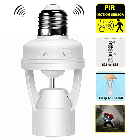 Motion Sensor Light Socket Adapter Holder with Infrared PIR Sensor Adjustable Time and LUX Switch E26 to E26 for Screw in Light Bulbs Outdoor Porch Home Security