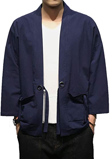 PRIJOUHE Men's Japanese Style Kimono Cardigan Jacket Cotton Blends Linen Seven Sleeves Solid Color Open Front Coat