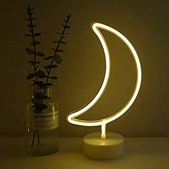 Warm White Moon Neon Sign Night Light Lamp with Holder Base Decorative Marquee Signs Light Battery Operated Wall Decoration for Living Room Bedroom Christmas Party Supplies Kids Toys Birthday Gifts