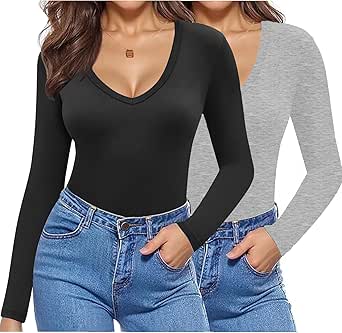 Zeagoo 2 Pack Women's Long Sleeve V Neck Slim Fit T Shirts Basic Tight Trendy Shirts 2024 Going Out Athletic Stretch Tops