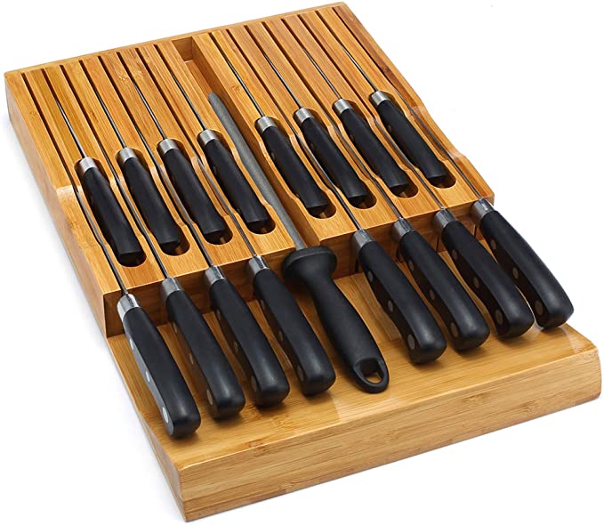 in-Drawer Knife Block,Bamboo Knife Drawer Organizer Insert, Kitchen Knife Drawer Storage for 16 Knives Plus a Slot for Your Knife Sharpener (Without Knives)