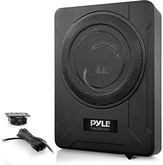 Pyle 8-Inch Low-Profile Amplified Subwoofer System - 600 Watt Compact Enclosed Active Underseat Car Audio Subwoofer with Built in Amp, Powered Car Subwoofer w/Low & High Level Inputs PLBX8A