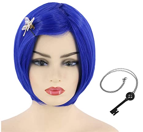 Topcosplay 3 pcs Set Short Blue Wig Butterfly Hairpin Necklace Halloween Costume Party Wigs