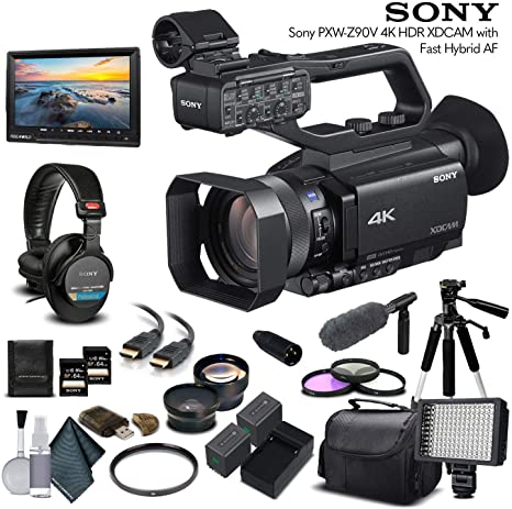 Sony PXW-Z90V 4K HDR XDCAM with Fast Hybrid AF(PXW-Z90V) with 2-64GB Memory Card, 2 Extra Batteries, UV Filter, LED Light, Case, Tripod, Sony Mic, Sony MDR-7506 Headphones - Professional Bundle