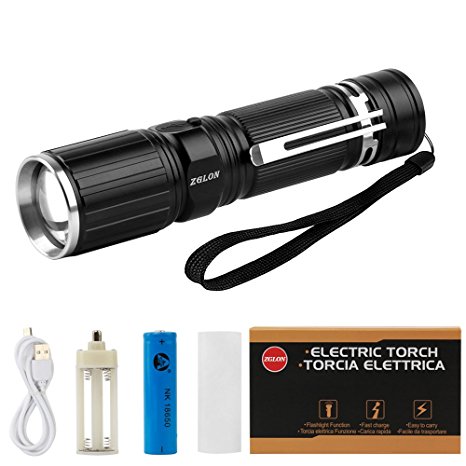 Zglon Super Bright LED Tactical Flashlight, Portable Handheld Outdoor Torch Rechargeable Flashlights with Zoomable Adjustable Focus 7 Light Modes, USB Charging Cable, 18650 Battery, Pocket Clip