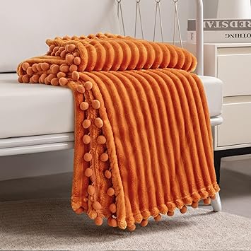 DISSA Fleece Blanket Throw Size – 51x63, Orange – Soft, Plush, Fluffy, Fuzzy, Warm, Cozy – Perfect Throw for Couch, Bed, Sofa - with Pompom Fringe - Flannel Blanket Throw Blanket