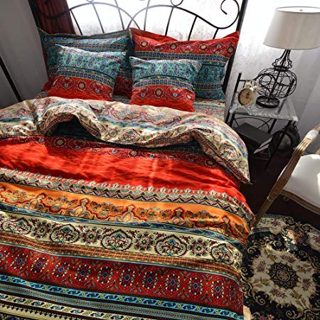 YOUSA Bohemia Retro Printing Bedding Ethnic Vintage Floral Duvet Cover Boho Bedding 100% Brushed Cotton Bedding Sets (Twin,01)