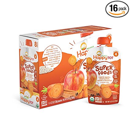 Happy Tot Organic Stage 4 Super Foods Apples Sweet Potatoes Carrots & Cinnamon   Super Chia 4.22 Ounce (Pack of 16), Non-GMO, Gluten Free, 3g of Fiber, Excellent source of vitamins A & C